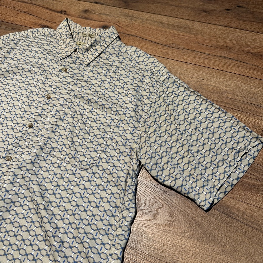 Vintage M.E. Sport Blue Tan Geometric Rayon Button Down Shirt Mens‎ XL